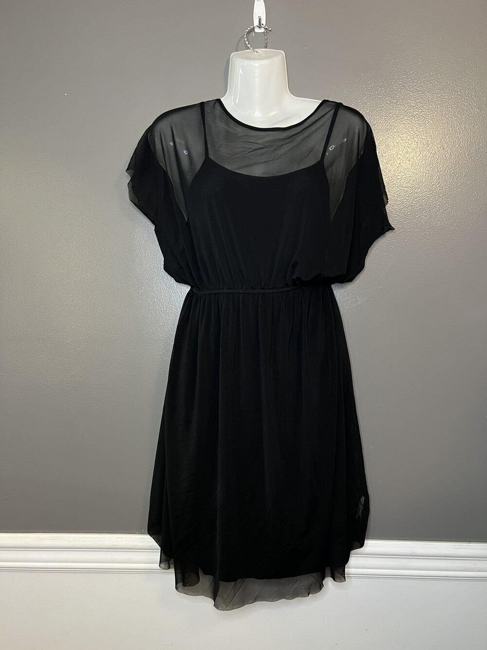 Pierces Kensie Dress Womens Extra Small Black Sheer Overlay Short Sleeve Party
